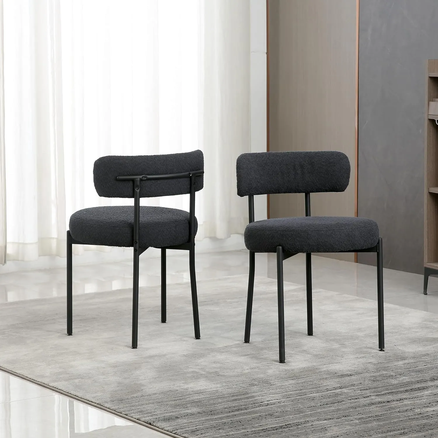 Black Dining Chairs Set of 2 Round Upholstered Boucle Dining Room Chairs Mid-Century Modern Kitchen Chairs Curved Backrest Chairs for Dining Room Black Metal Legs