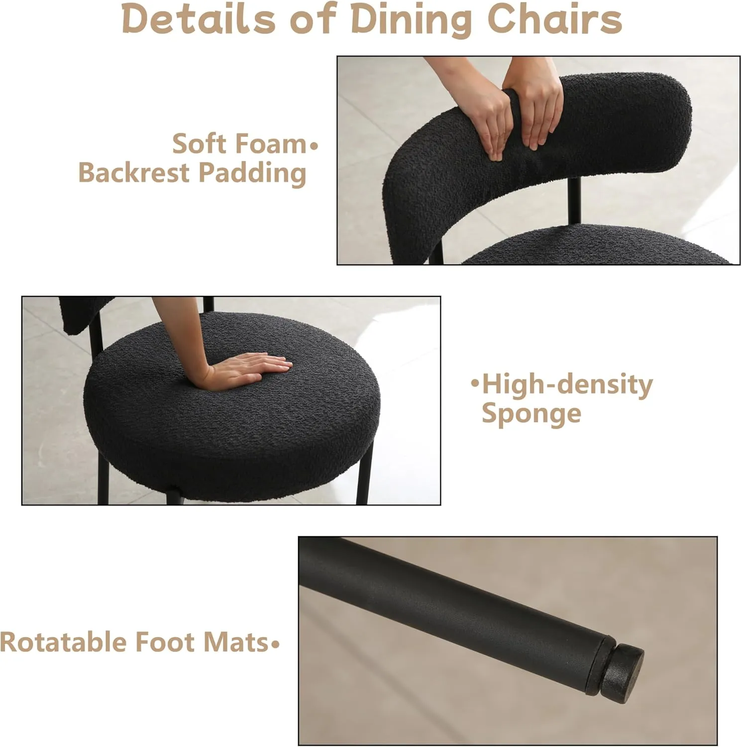 Black Dining Chairs Set of 2 Round Upholstered Boucle Dining Room Chairs Mid-Century Modern Kitchen Chairs Curved Backrest Chairs for Dining Room Black Metal Legs