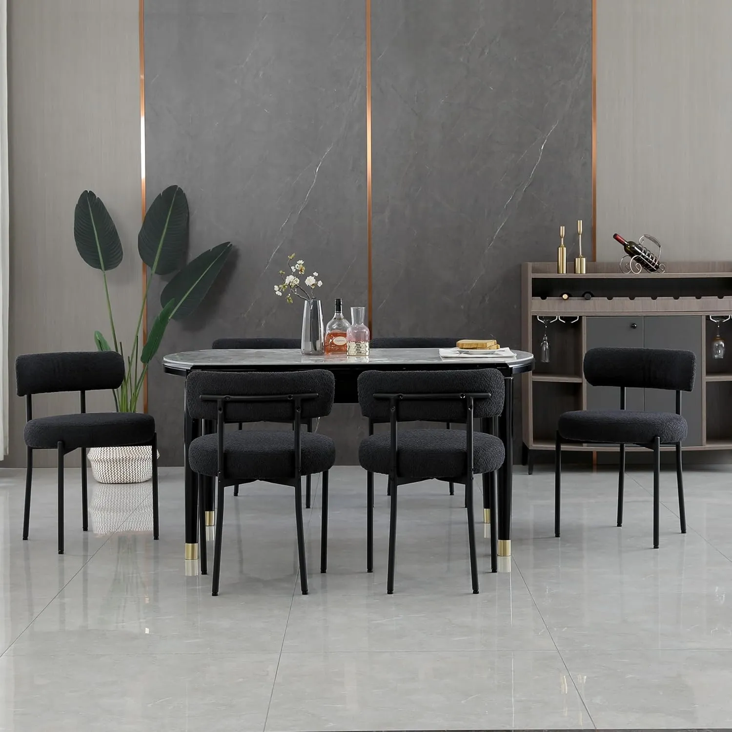 Black Dining Chairs Set of 2 Round Upholstered Boucle Dining Room Chairs Mid-Century Modern Kitchen Chairs Curved Backrest Chairs for Dining Room Black Metal Legs