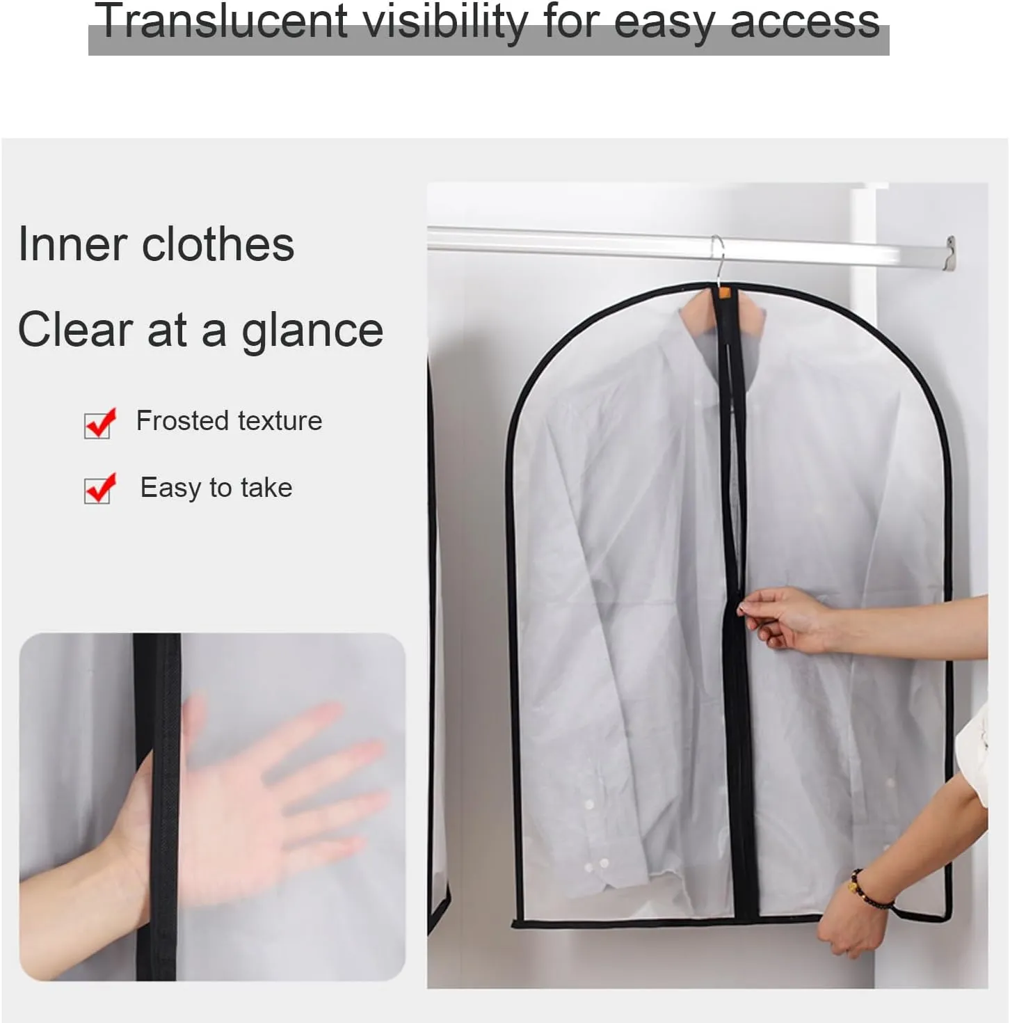 Black Edging Clear Garment Bags Dustproof Garment Covers Breathable Clothes Cover Frosted Washable Anti-crease Hanging Clothes Bag(60x140cm/24x55in)