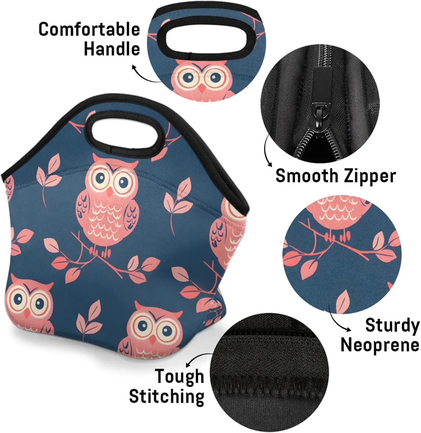 Branch Bird Owl Reusable Neoprene Lunch Tote Bag for Women & Men - Lightweight Washable Lunch Bags for Work, Travel, Beach, Picnic