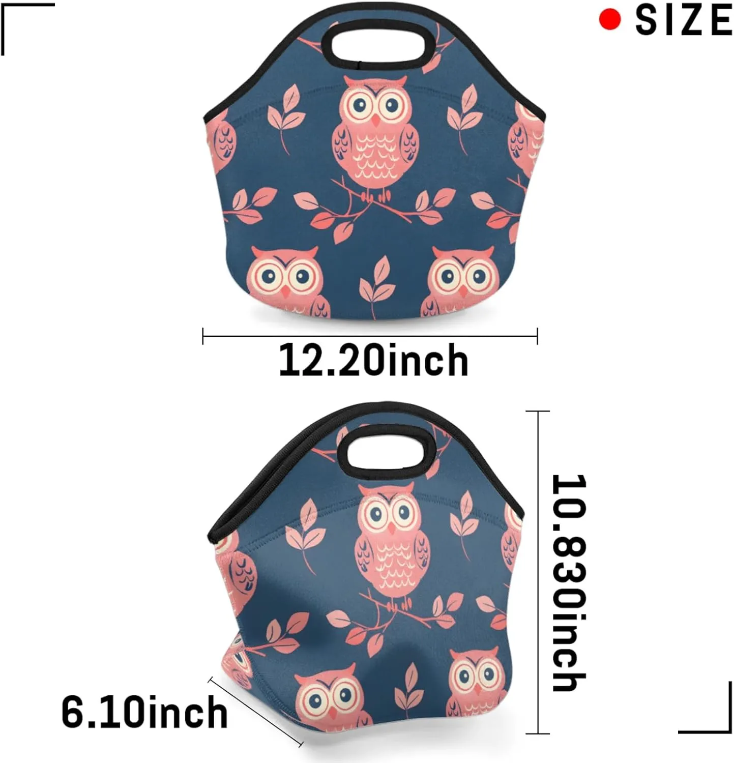 Branch Bird Owl Reusable Neoprene Lunch Tote Bag for Women & Men - Lightweight Washable Lunch Bags for Work, Travel, Beach, Picnic