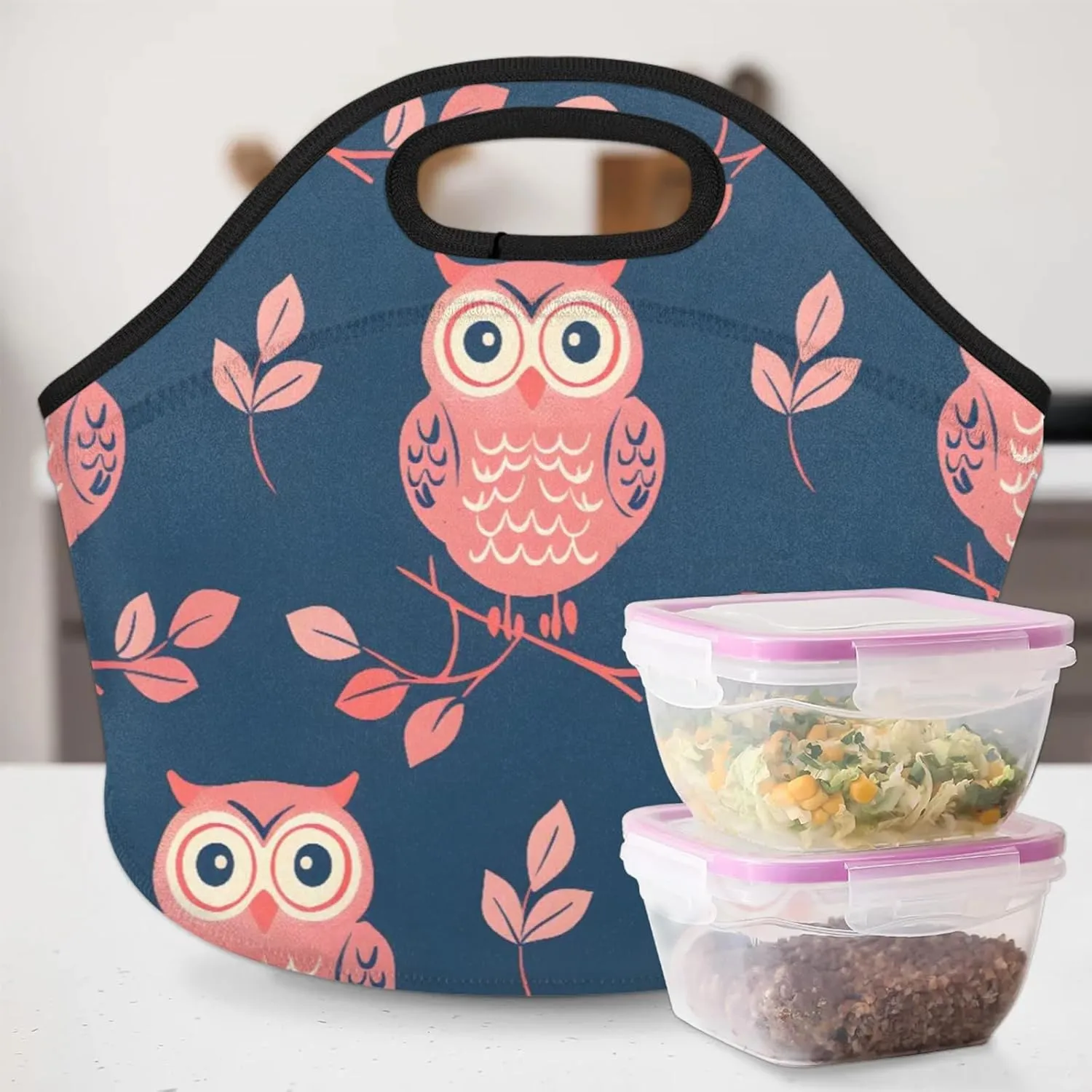 Branch Bird Owl Reusable Neoprene Lunch Tote Bag for Women & Men - Lightweight Washable Lunch Bags for Work, Travel, Beach, Picnic
