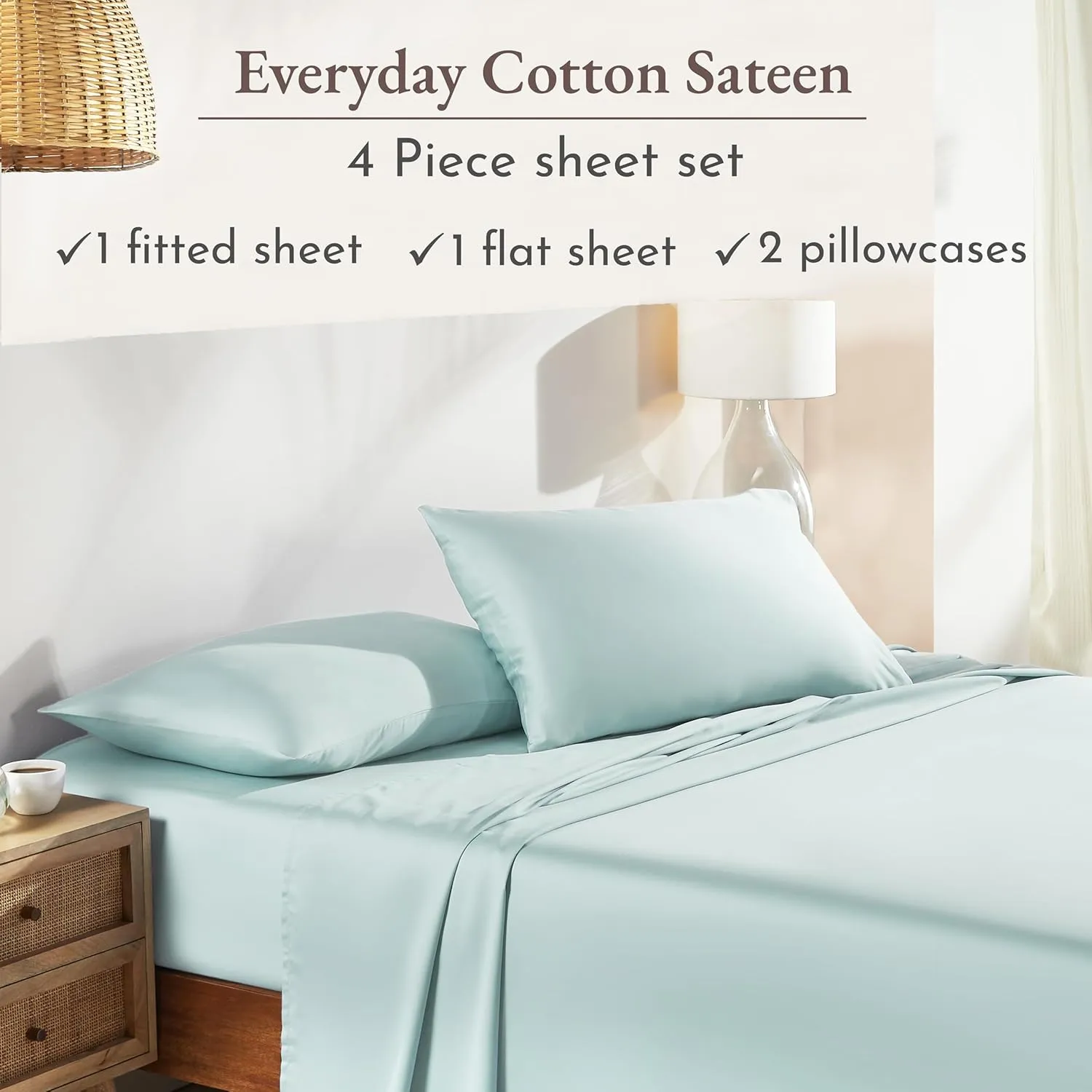 California Design Den Queen Sheet Set - Natural 100% Cotton Sheets Queen Size Bed Set with Deep Pockets, Soft Sateen Weave, Breathable, Cooling and Durable Bedding (Seafoam)