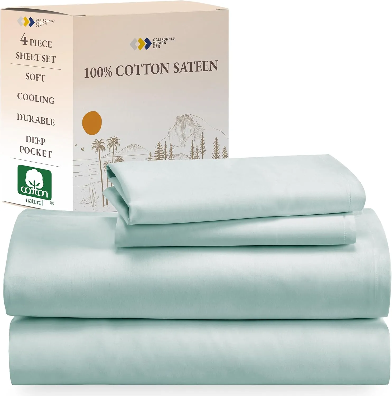 California Design Den Queen Sheet Set - Natural 100% Cotton Sheets Queen Size Bed Set with Deep Pockets, Soft Sateen Weave, Breathable, Cooling and Durable Bedding (Seafoam)