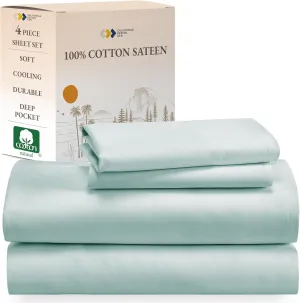 California Design Den Queen Sheet Set - Natural 100% Cotton Sheets Queen Size Bed Set with Deep Pockets, Soft Sateen Weave, Breathable, Cooling and Durable Bedding (Seafoam)