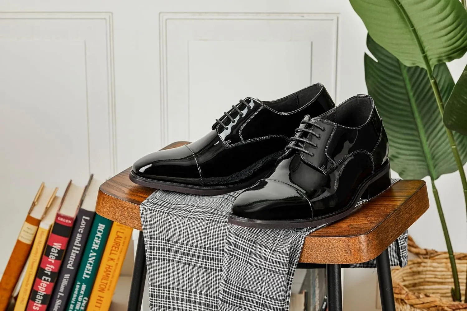 CALTO Men's Invisible Height Increasing Elevator Shoes - Black Patent Leather Lace-up Formal Dress Oxfords - 3 Inches Taller - Y3270- Size 9 D(M) US
