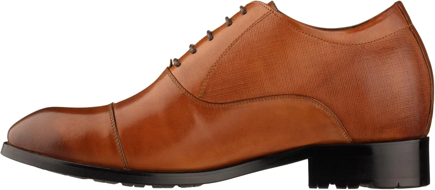 CALTO Men's Invisible Height Increasing Elevator Shoes - Brown Premium Leather Lace-up Formal Derby Oxfords - 3 Inches Taller - Y6711 - Size 10 D(M) US