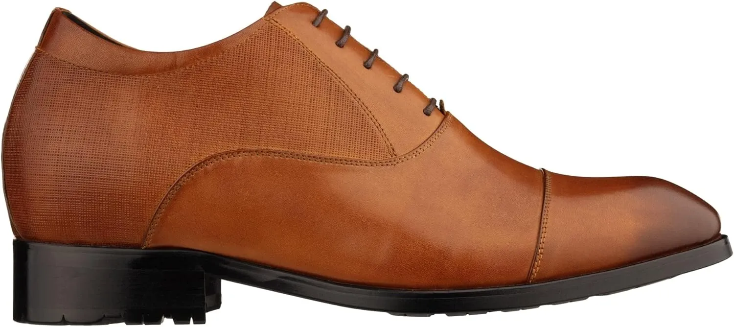 CALTO Men's Invisible Height Increasing Elevator Shoes - Brown Premium Leather Lace-up Formal Derby Oxfords - 3 Inches Taller - Y6711 - Size 10 D(M) US