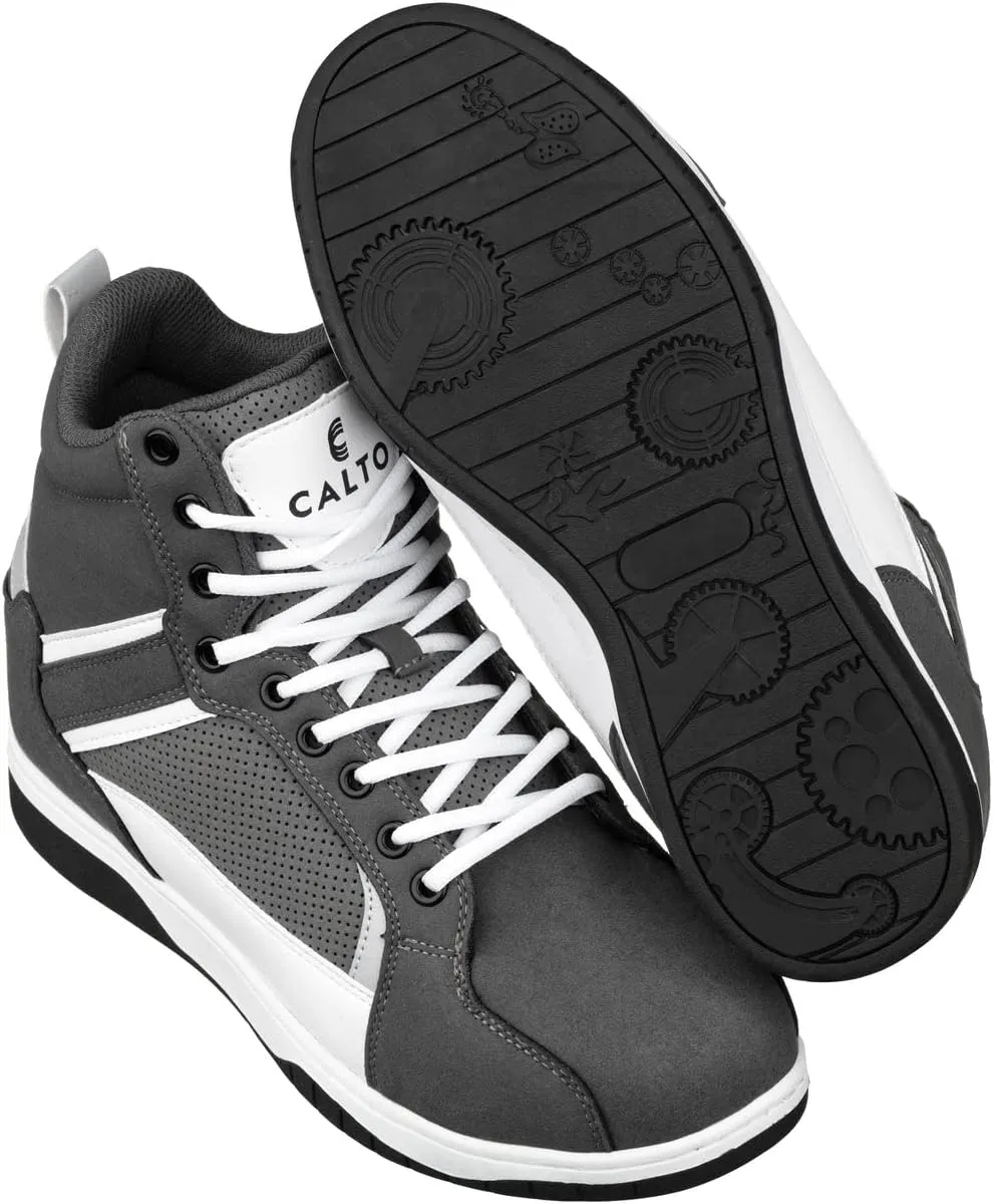 CALTO Men's Invisible Height Increasing Elevator Trainer Shoes - Grey/White Lace-up Fashion High-Top Sneakers - 3.2 Inches Taller - S3721 - Size 12 D(M) US