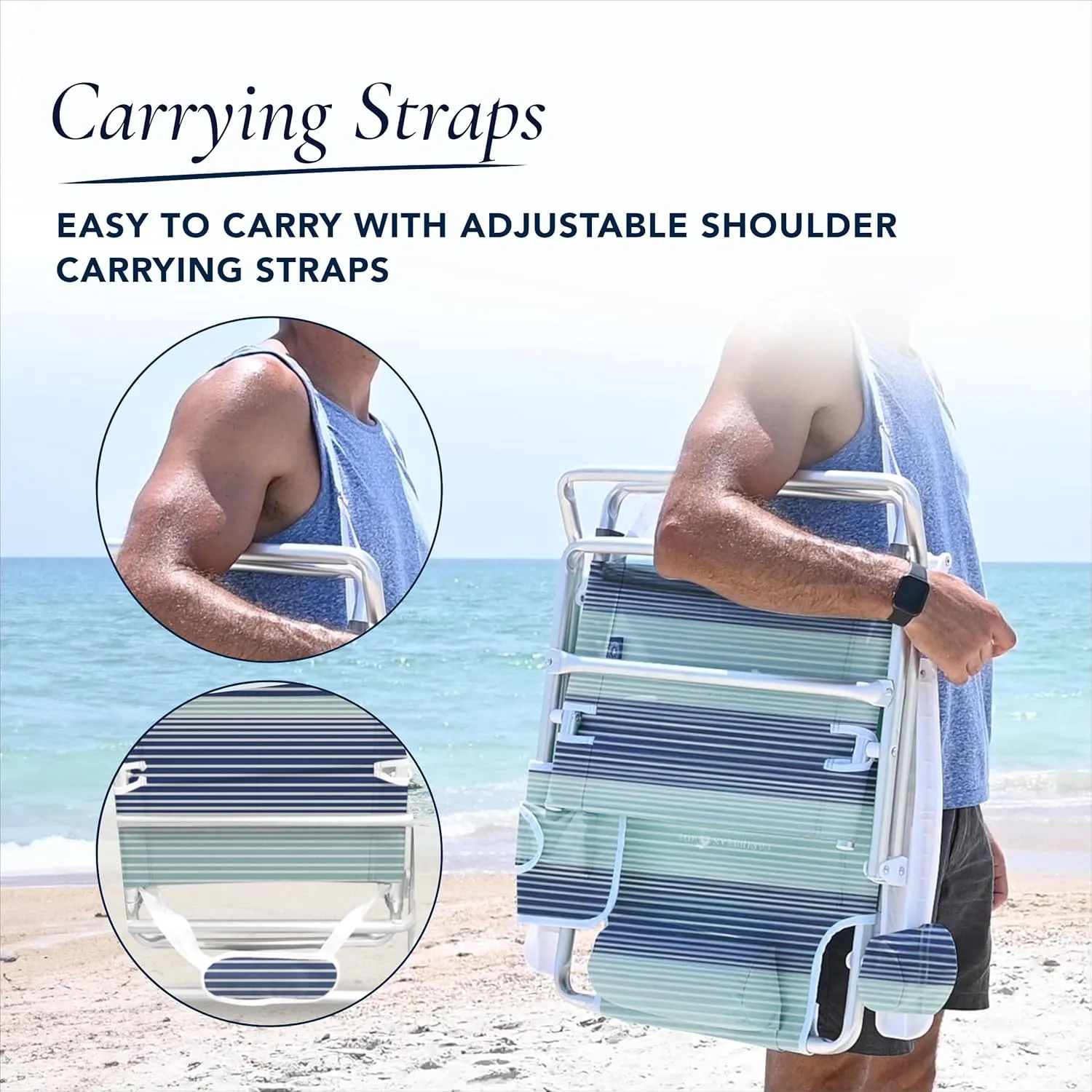 Caribbean Joe Folding Beach Chair, 5 Position Lightweight, Portable Reclining Outdoor Camping Chair with Headrest, Shoulder Strap, and Cup Holder, Horizon Stripe