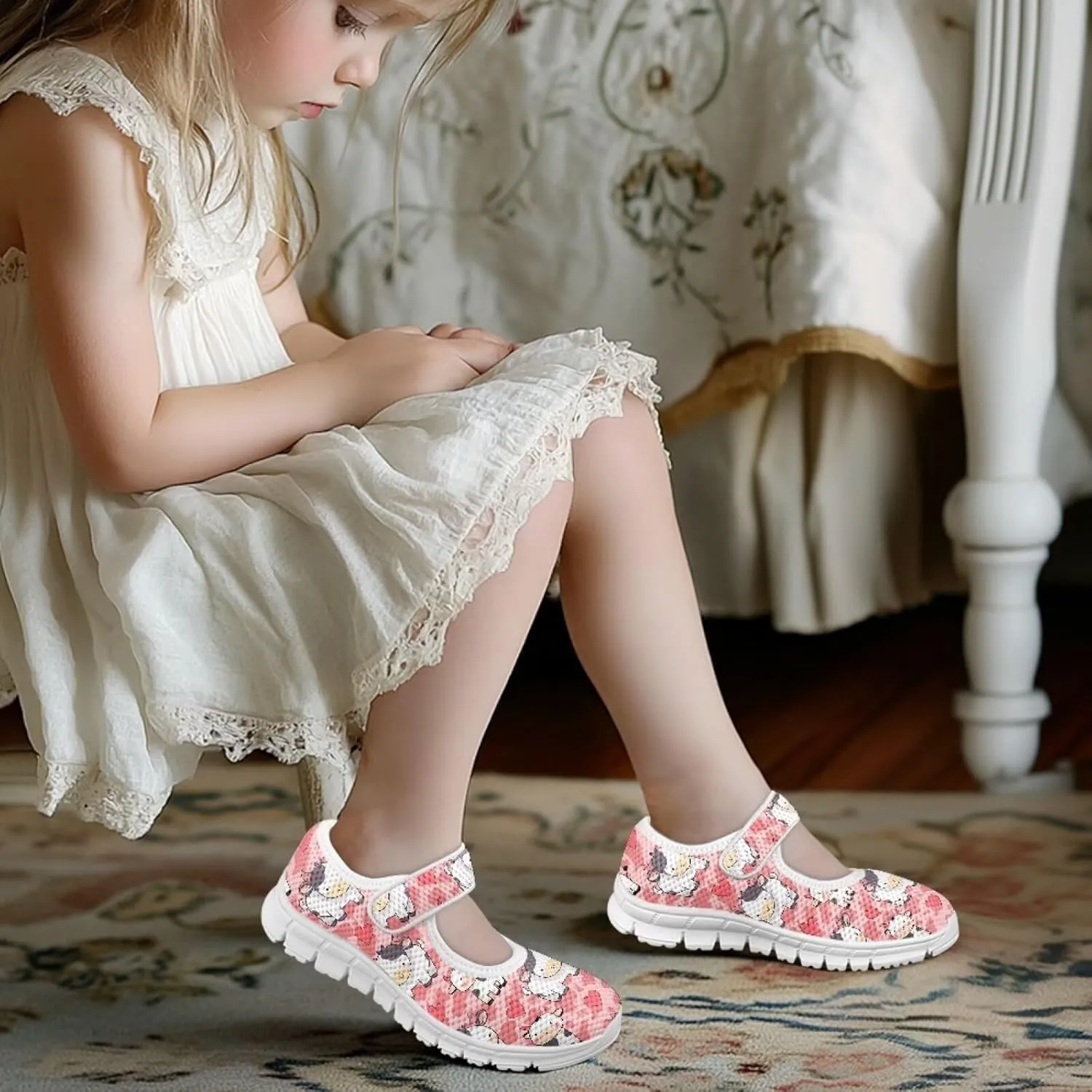 Cartoon Pink Print Girls Sneakers Mary Jane Shoes Dress Shoes for Toddler Lightweight Flat Shoes Anti-Slip School Uniform Shoes for Party,Travel