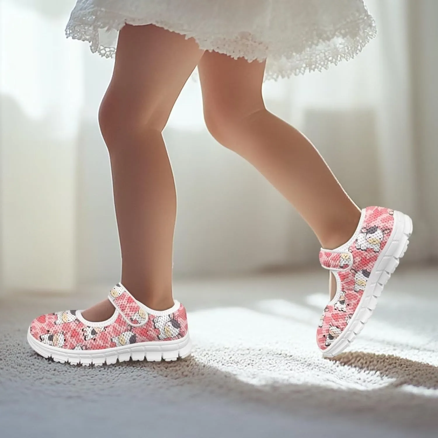 Cartoon Pink Print Girls Sneakers Mary Jane Shoes Dress Shoes for Toddler Lightweight Flat Shoes Anti-Slip School Uniform Shoes for Party,Travel
