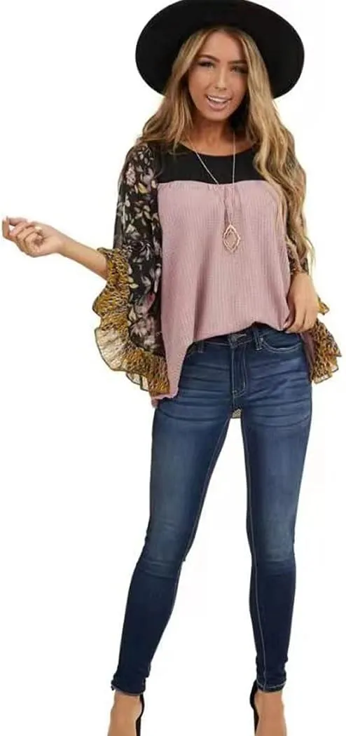 CASURESS Womens Floral Printed 3 4 Sleeve Shirt Batwing Loose Tops Blouses Pullover