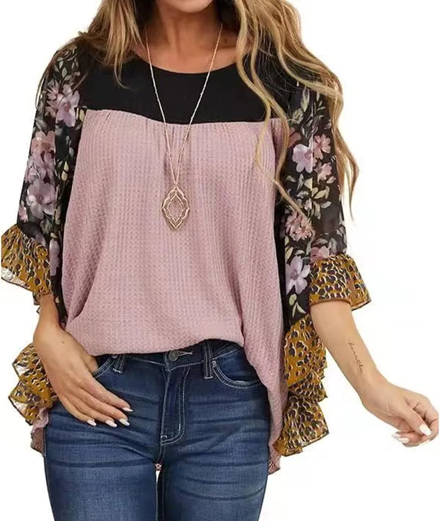 CASURESS Womens Floral Printed 3 4 Sleeve Shirt Batwing Loose Tops Blouses Pullover