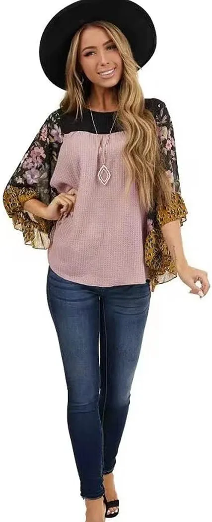 CASURESS Womens Floral Printed 3 4 Sleeve Shirt Batwing Loose Tops Blouses Pullover
