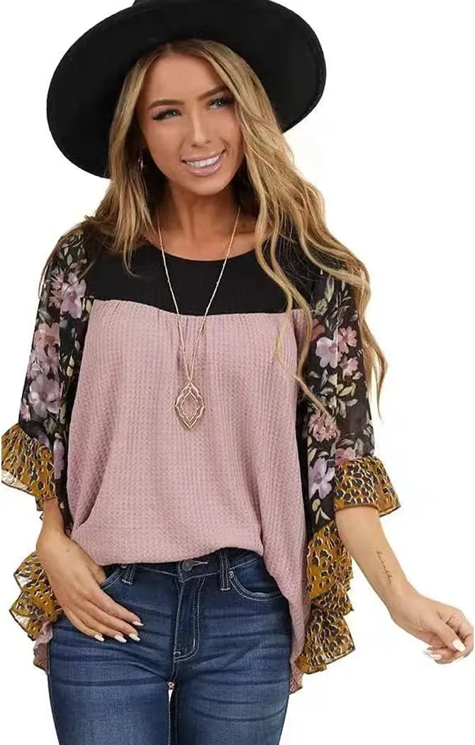 CASURESS Womens Floral Printed 3 4 Sleeve Shirt Batwing Loose Tops Blouses Pullover