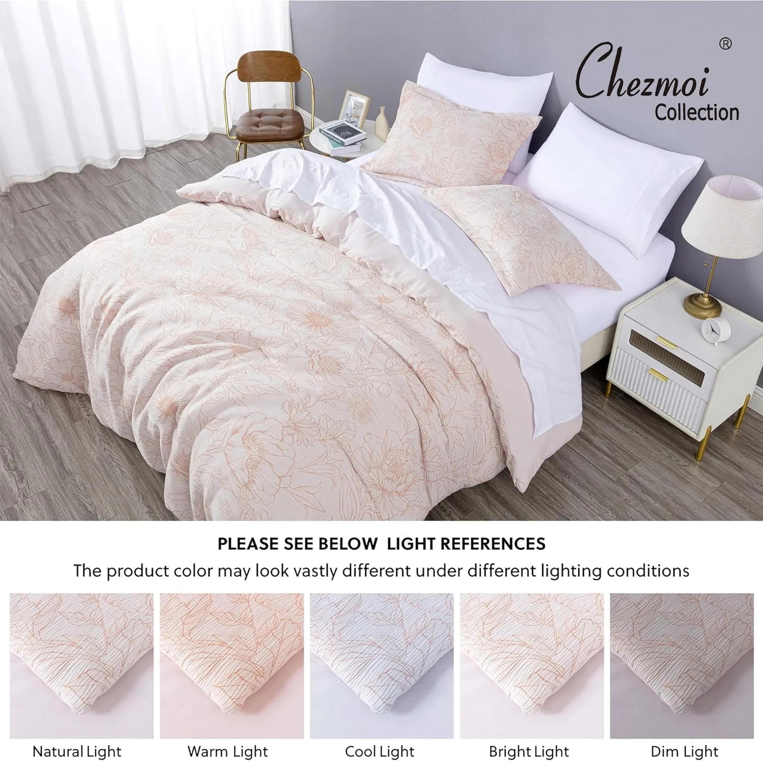 Chezmoi Collection Isla 7-Piece Floral Bed in a Bag Full, White/Coral, Jacquard Textured Lightweight Bedding for All Season (1 Comforter, 2 Shams, 2 Pillowcases, 1 Flat Sheet, 1 Fitted Sheet)