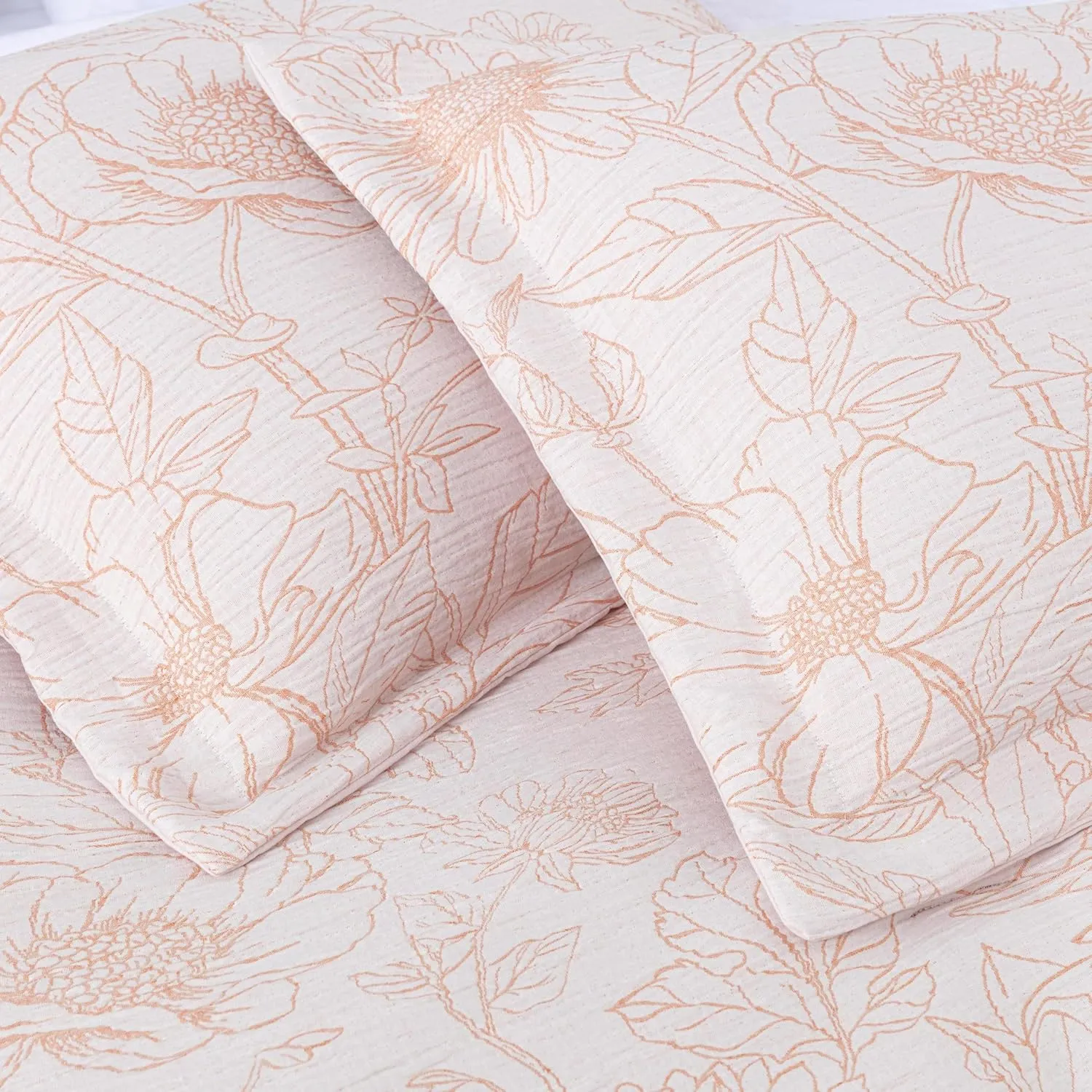 Chezmoi Collection Isla 7-Piece Floral Bed in a Bag Full, White/Coral, Jacquard Textured Lightweight Bedding for All Season (1 Comforter, 2 Shams, 2 Pillowcases, 1 Flat Sheet, 1 Fitted Sheet)