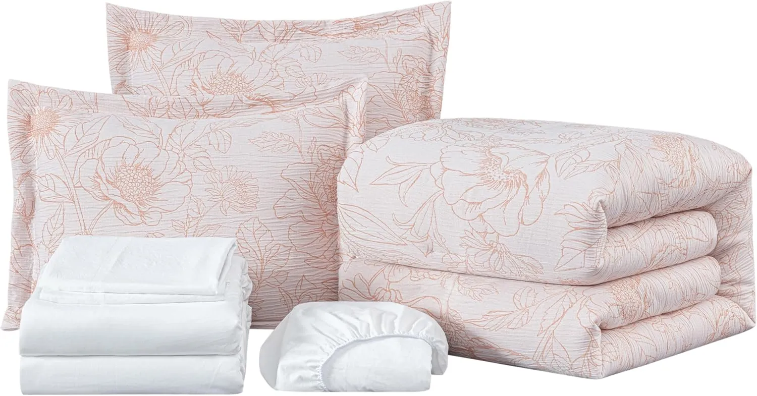 Chezmoi Collection Isla 7-Piece Floral Bed in a Bag Full, White/Coral, Jacquard Textured Lightweight Bedding for All Season (1 Comforter, 2 Shams, 2 Pillowcases, 1 Flat Sheet, 1 Fitted Sheet)