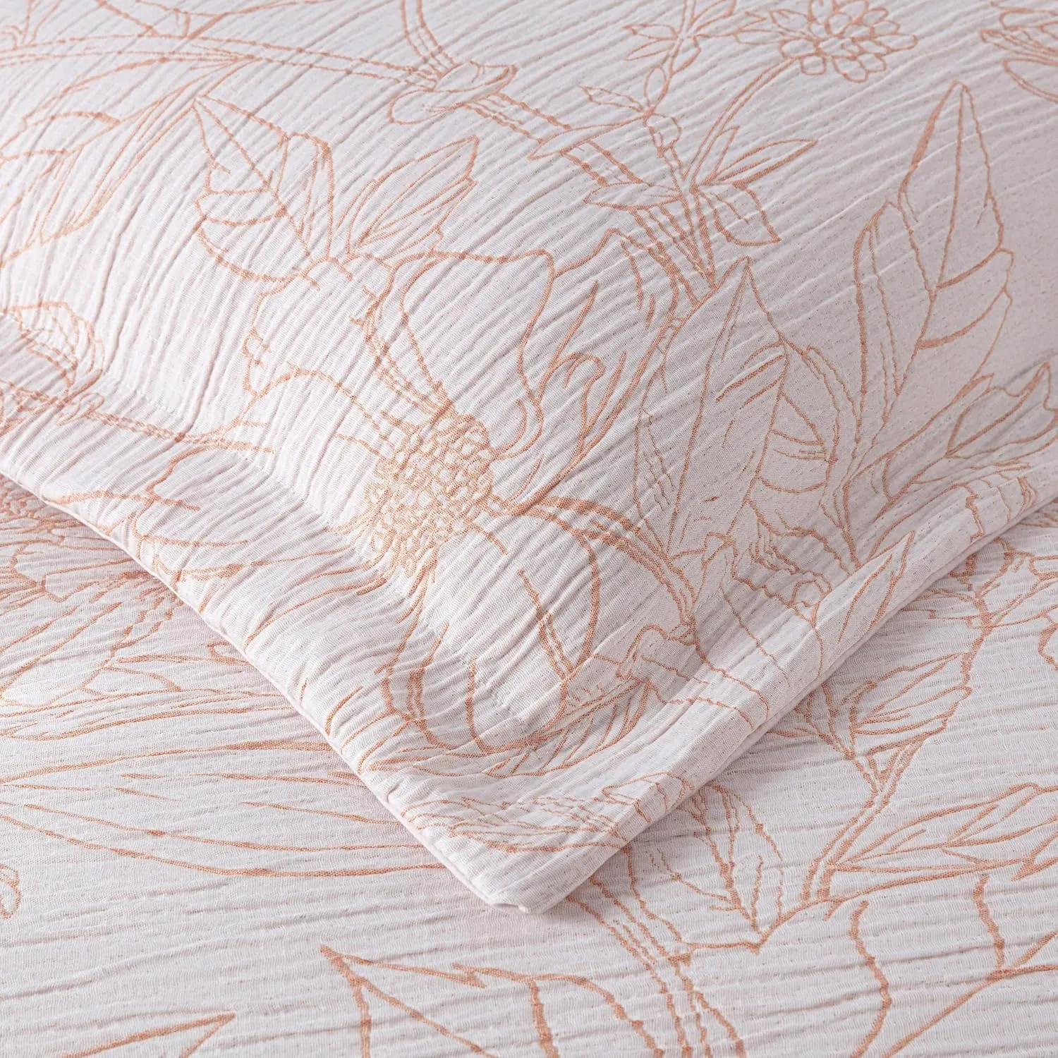 Chezmoi Collection Isla 7-Piece Floral Bed in a Bag Full, White/Coral, Jacquard Textured Lightweight Bedding for All Season (1 Comforter, 2 Shams, 2 Pillowcases, 1 Flat Sheet, 1 Fitted Sheet)