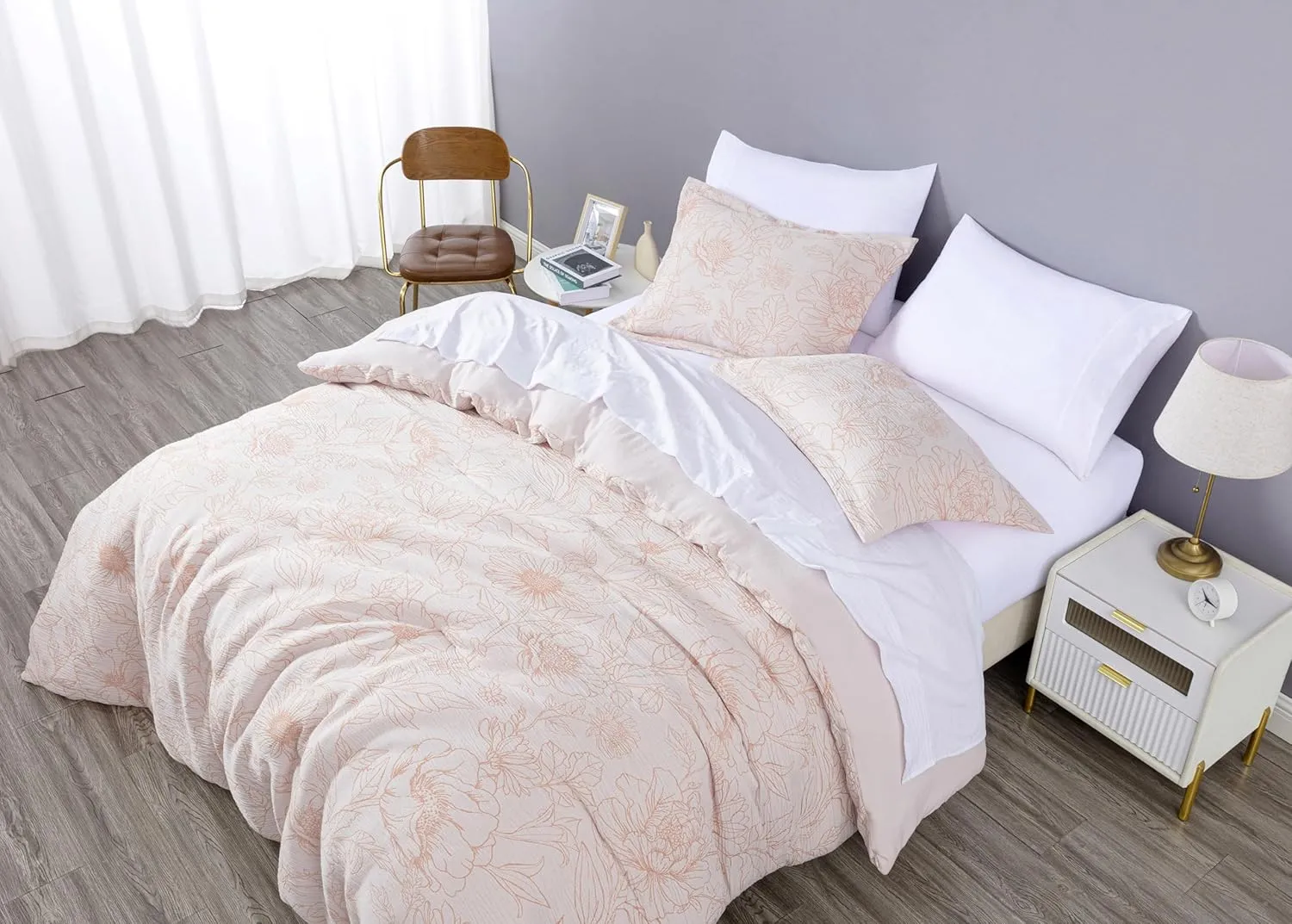 Chezmoi Collection Isla 7-Piece Floral Bed in a Bag Full, White/Coral, Jacquard Textured Lightweight Bedding for All Season (1 Comforter, 2 Shams, 2 Pillowcases, 1 Flat Sheet, 1 Fitted Sheet)