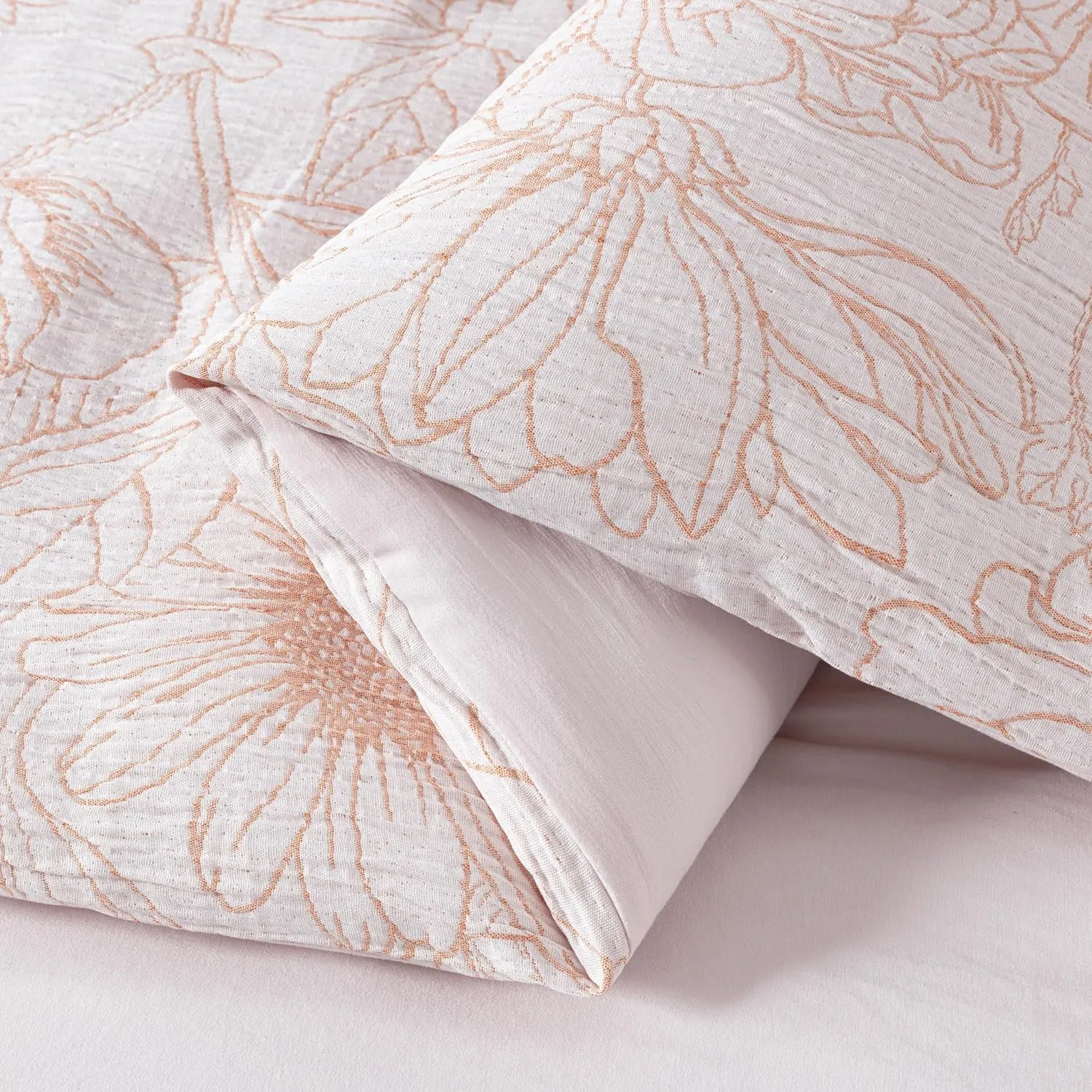 Chezmoi Collection Isla 7-Piece Floral Bed in a Bag Full, White/Coral, Jacquard Textured Lightweight Bedding for All Season (1 Comforter, 2 Shams, 2 Pillowcases, 1 Flat Sheet, 1 Fitted Sheet)