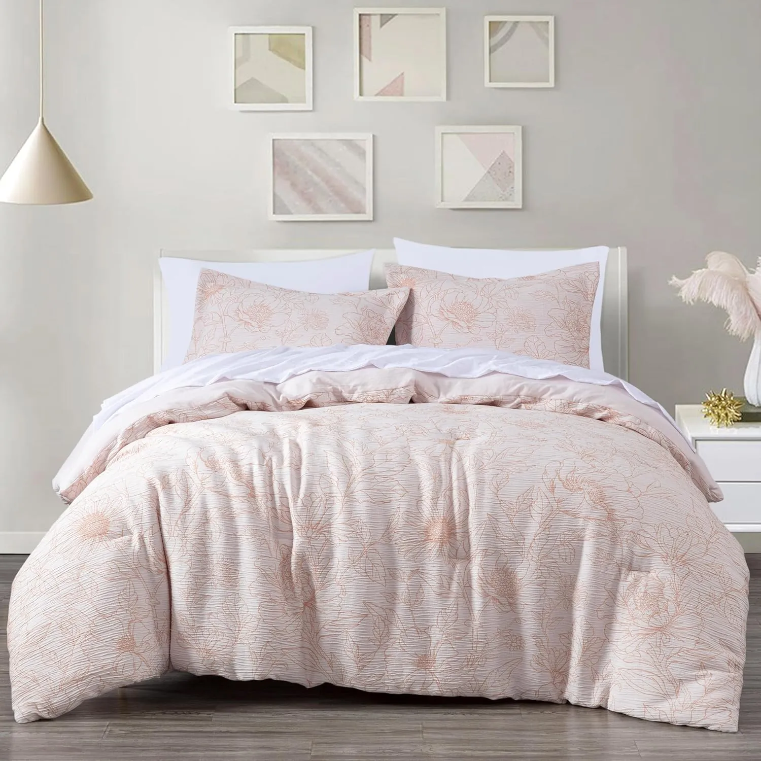 Chezmoi Collection Isla 7-Piece Floral Bed in a Bag Full, White/Coral, Jacquard Textured Lightweight Bedding for All Season (1 Comforter, 2 Shams, 2 Pillowcases, 1 Flat Sheet, 1 Fitted Sheet)