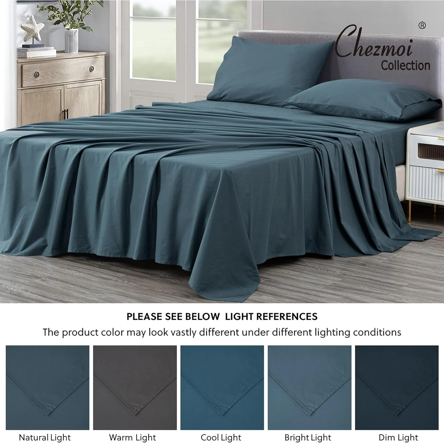 Chezmoi Collection Solid China Blue 250TC 100% Cotton Twill Bed Sheet Set California King Size, 4-Piece Luxury Soft Breathable Smooth 16-Inches Deep Pocket Sheets and Pillowcases Set