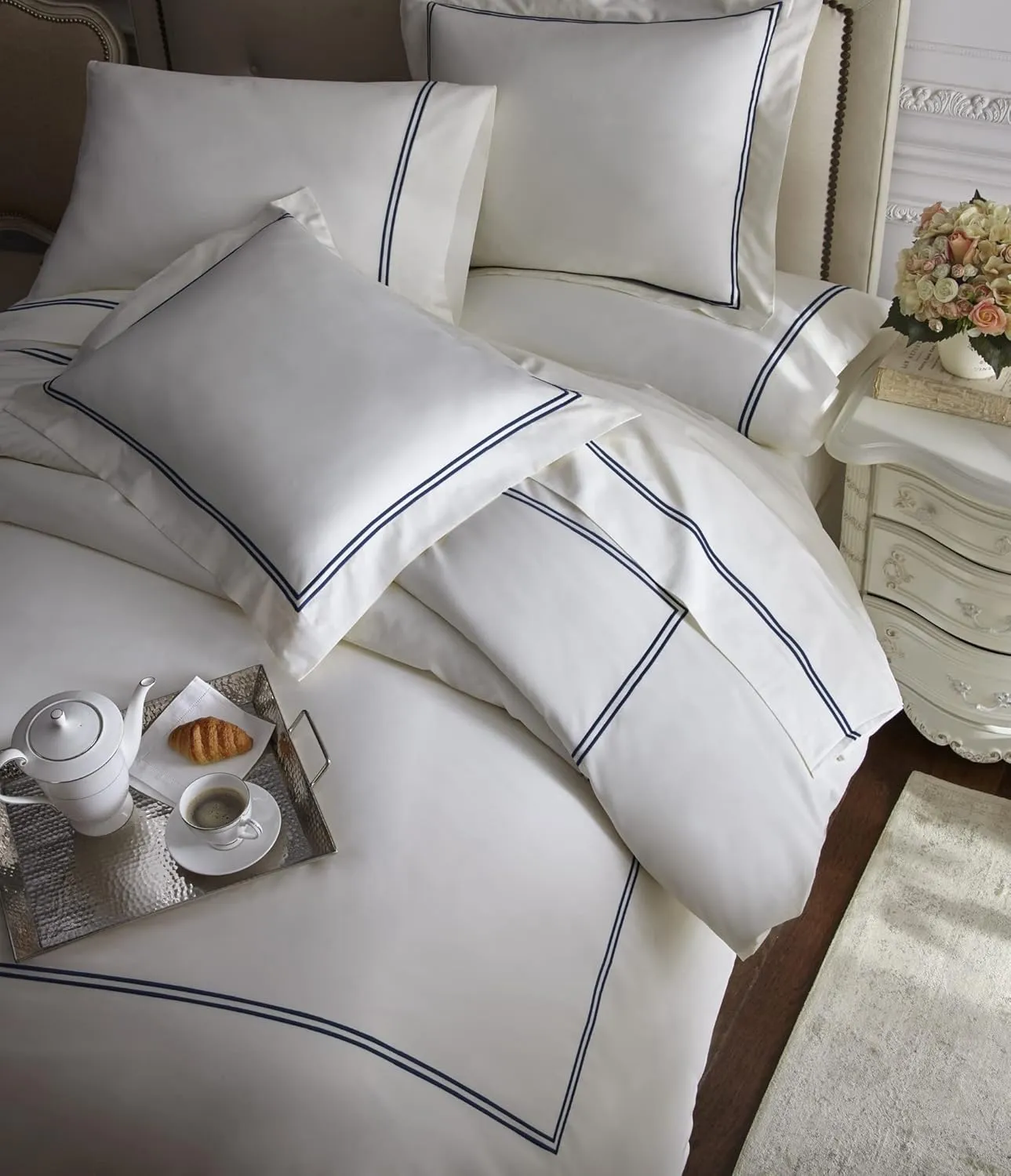 Chezmoi Collection Venezia 4-Piece 400 Thread Count Tencel Cotton Sheet Set - Double Row Stitch Embroidery Bordered - Silky Soft, Smooth, Breathable Cooling - King, Navy