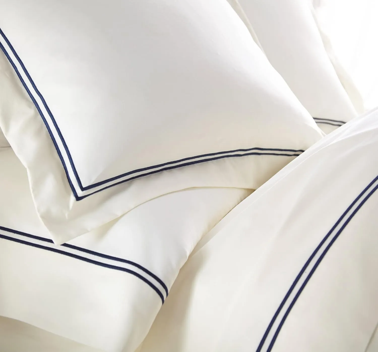 Chezmoi Collection Venezia 4-Piece 400 Thread Count Tencel Cotton Sheet Set - Double Row Stitch Embroidery Bordered - Silky Soft, Smooth, Breathable Cooling - King, Navy