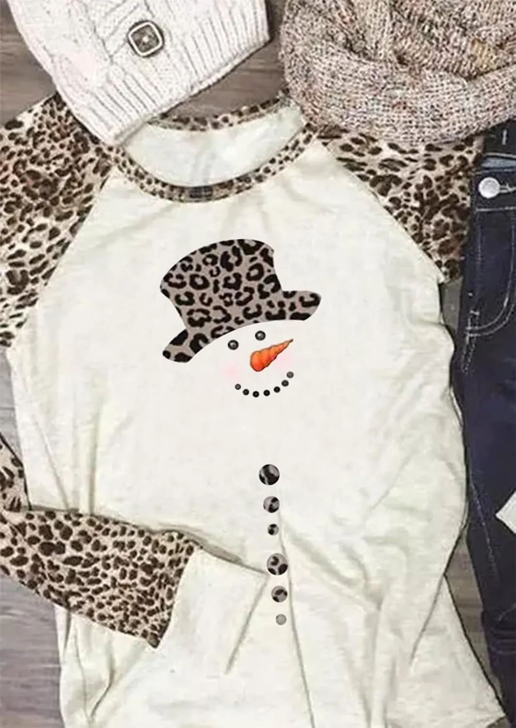 Christmas Snowman Leopard Tunic for Women Color Block Casual Long Sleeve Striped Blouse Round Neck Pullover T Shirt Tops