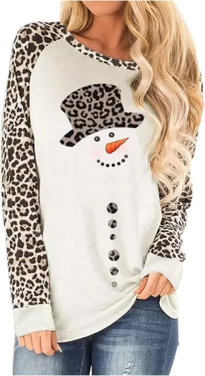 Christmas Snowman Leopard Tunic for Women Color Block Casual Long Sleeve Striped Blouse Round Neck Pullover T Shirt Tops