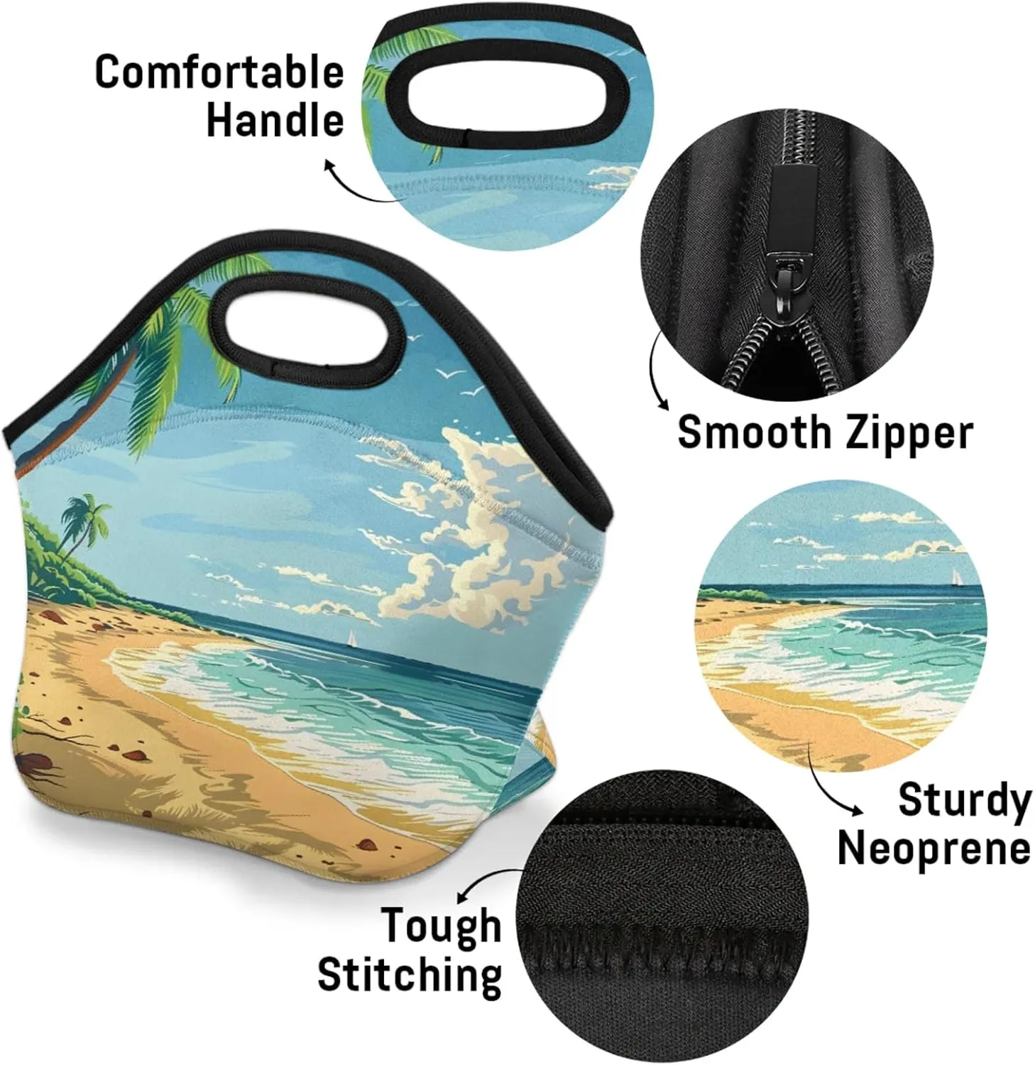 Coconut Trees Beach Reusable Neoprene Lunch Tote Bag for Women & Men - Lightweight Washable Lunch Bags for Work, Travel, Beach, Picnic