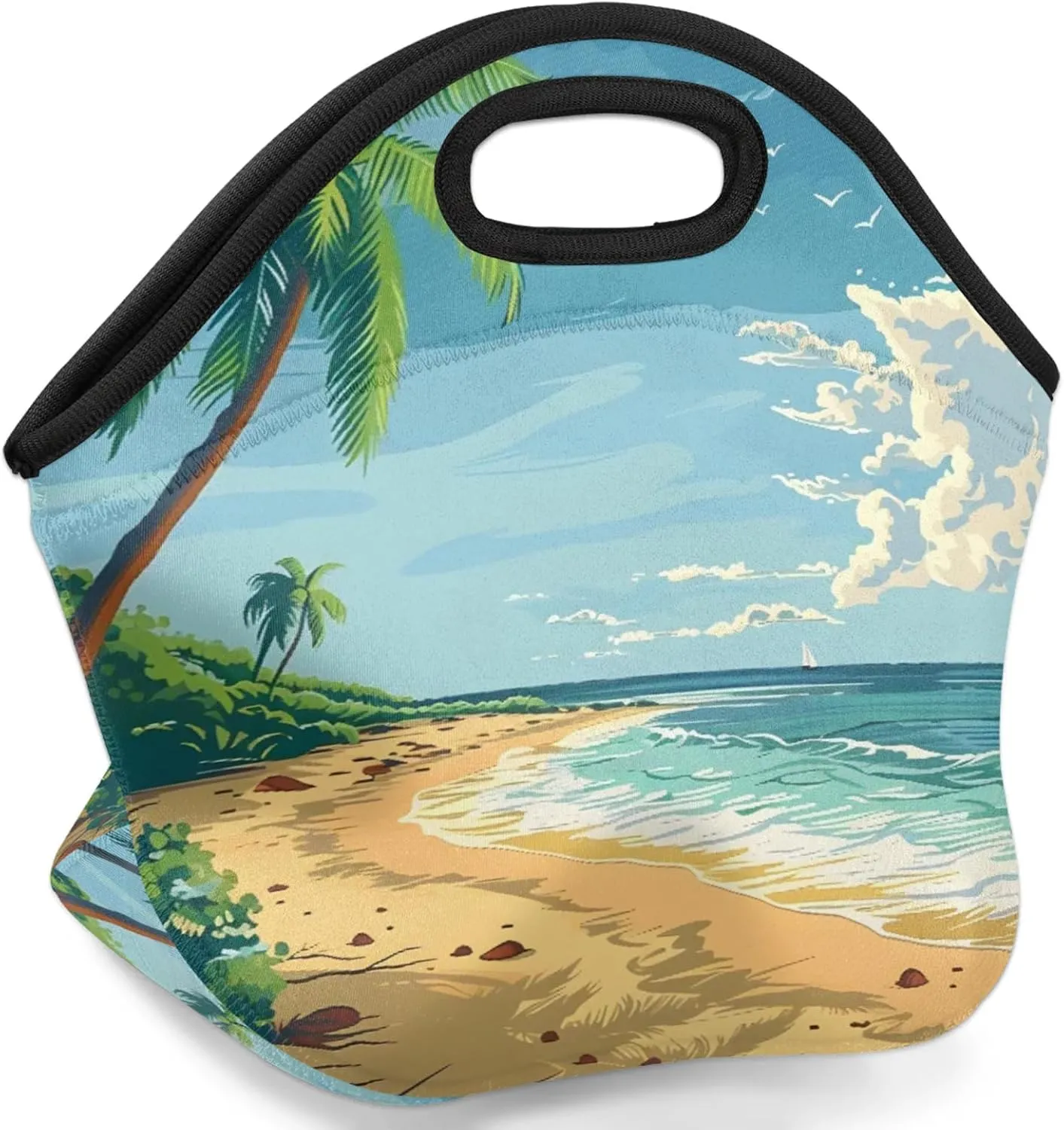 Coconut Trees Beach Reusable Neoprene Lunch Tote Bag for Women & Men - Lightweight Washable Lunch Bags for Work, Travel, Beach, Picnic