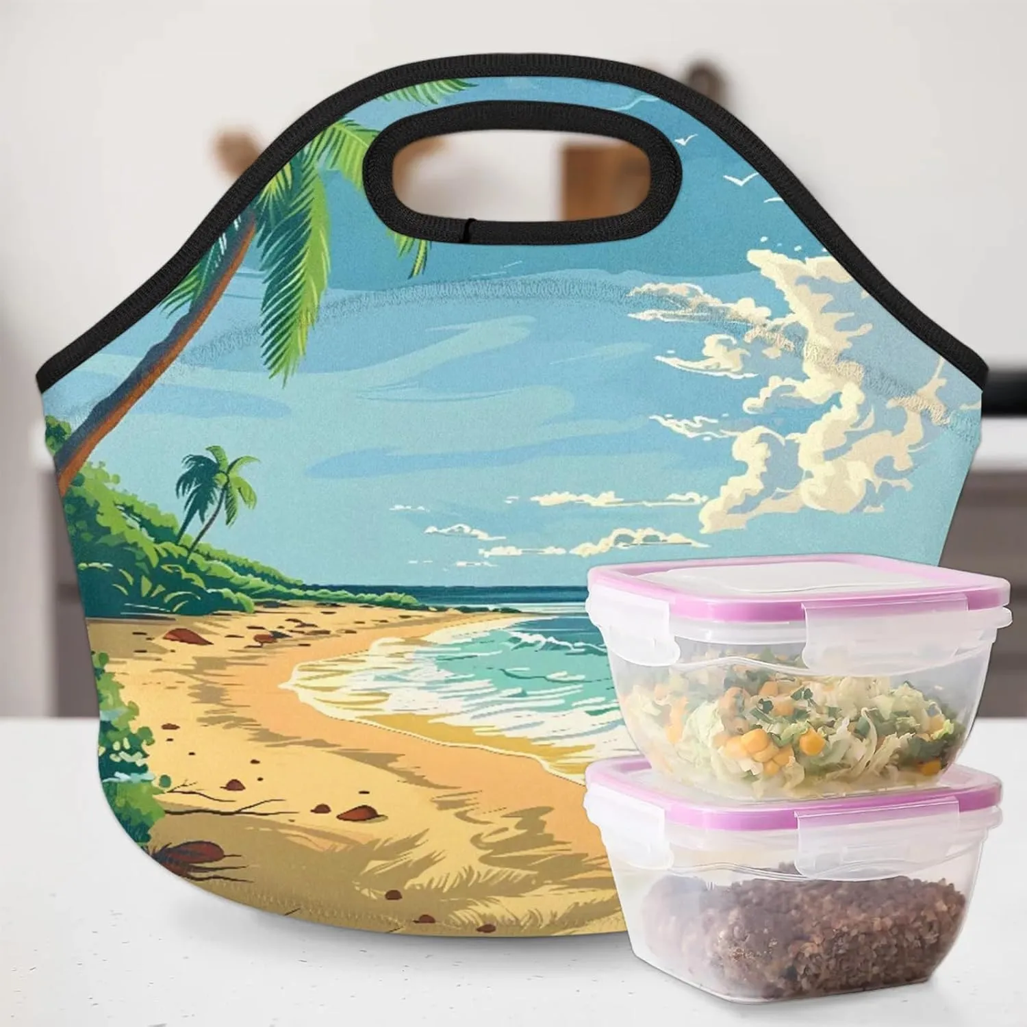 Coconut Trees Beach Reusable Neoprene Lunch Tote Bag for Women & Men - Lightweight Washable Lunch Bags for Work, Travel, Beach, Picnic