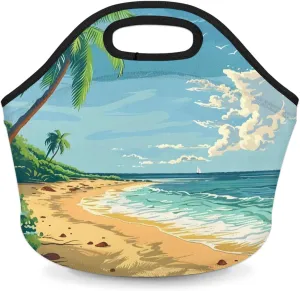 Coconut Trees Beach Reusable Neoprene Lunch Tote Bag for Women & Men - Lightweight Washable Lunch Bags for Work, Travel, Beach, Picnic