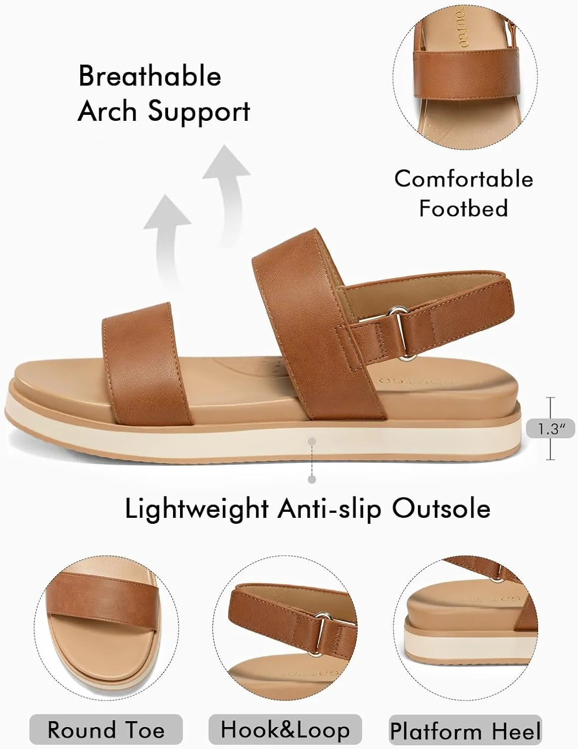 Coutgo Womens Flat Sandals Comfortable Arch Support Adjustable Double Strap Lightweight Summer Platform Sandals