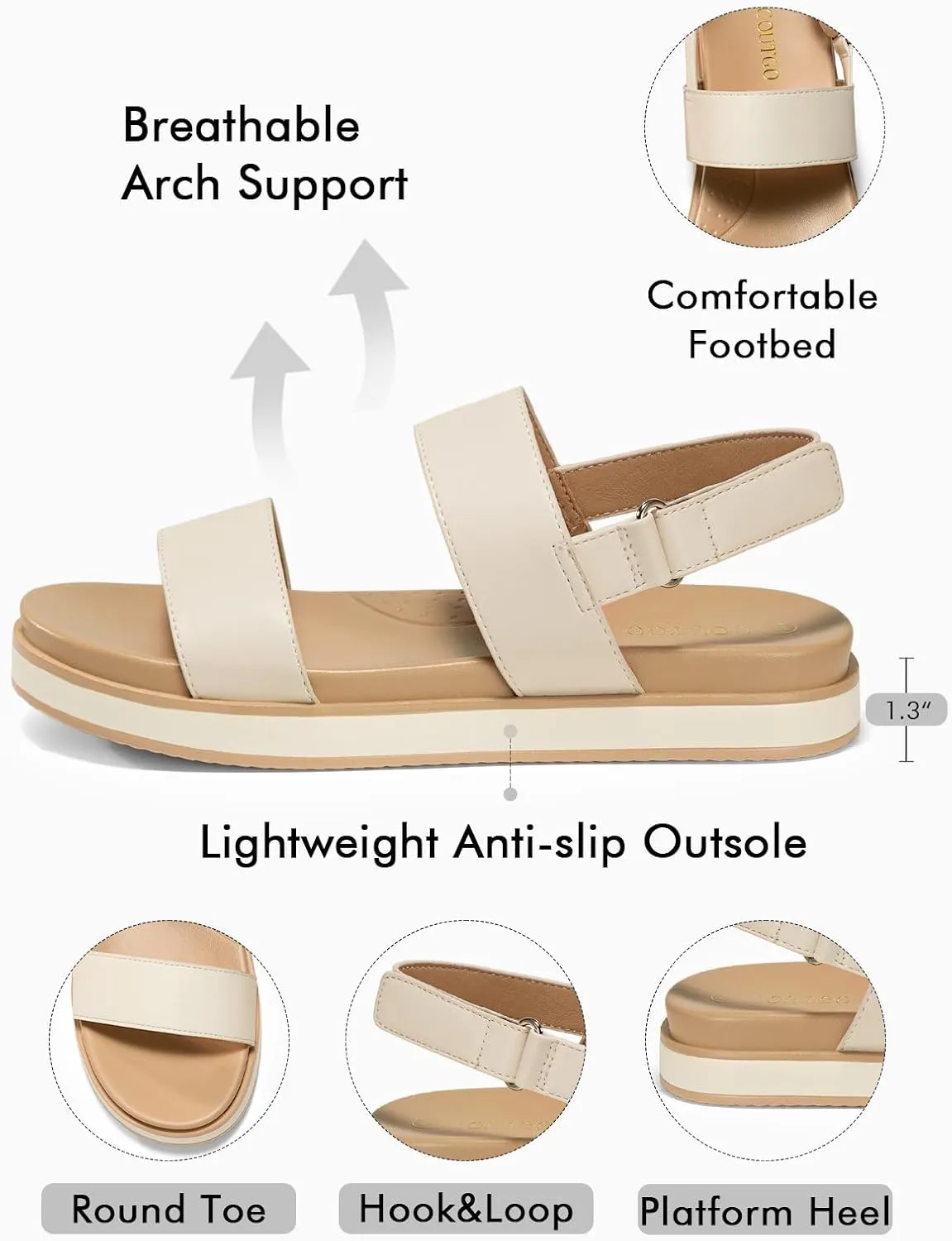 Coutgo Womens Flat Sandals Comfortable Arch Support Adjustable Double Strap Lightweight Summer Platform Sandals