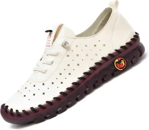 CrazySavage Women's Leather Soft Bottom Flat Shoes Handmade Hollow Breathable Slip Ons Loafers Casual Cutout Round Roe Beef Tendon Walkings