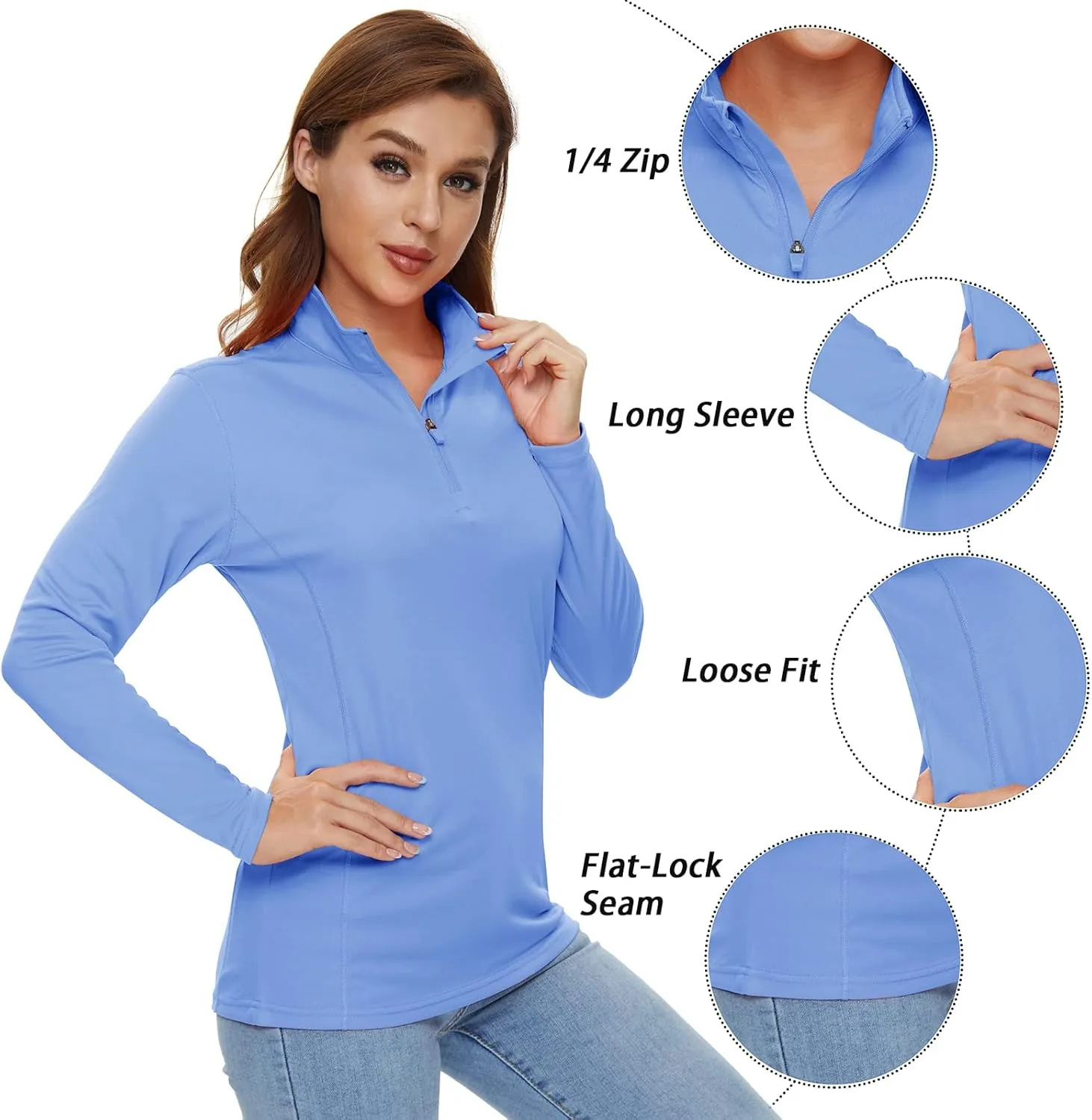 CRYSULLY Women's Long Sleeve Shirts Sun Protection 1/4 Zip Summer Quick Dry Hiking Shirts