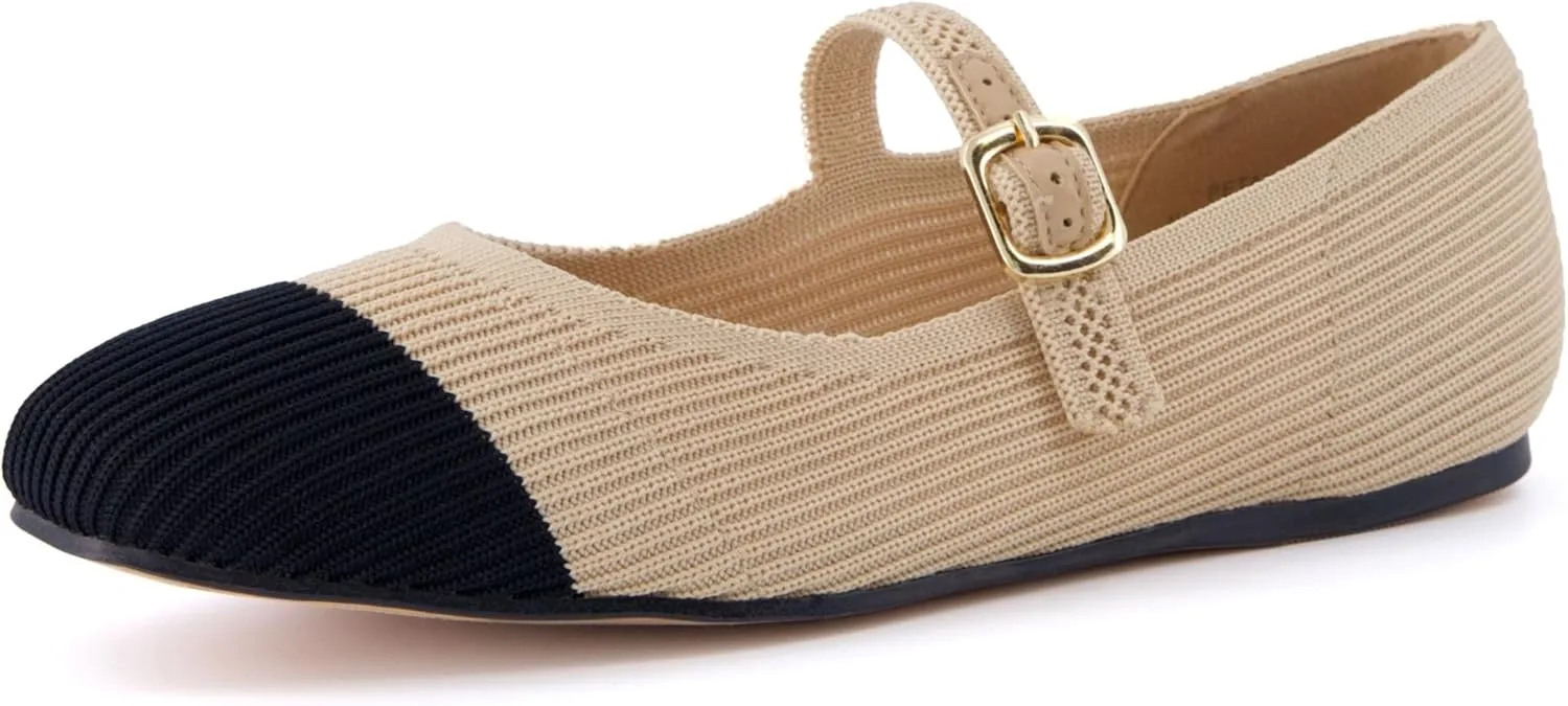 CUSHIONAIRE Women's Petal Mary Jane Knit Flat – Stretchy Textured Fabric, Adjustable Strap, Memory Foam, Available in Wide Widths, Comfortable & Lightweight