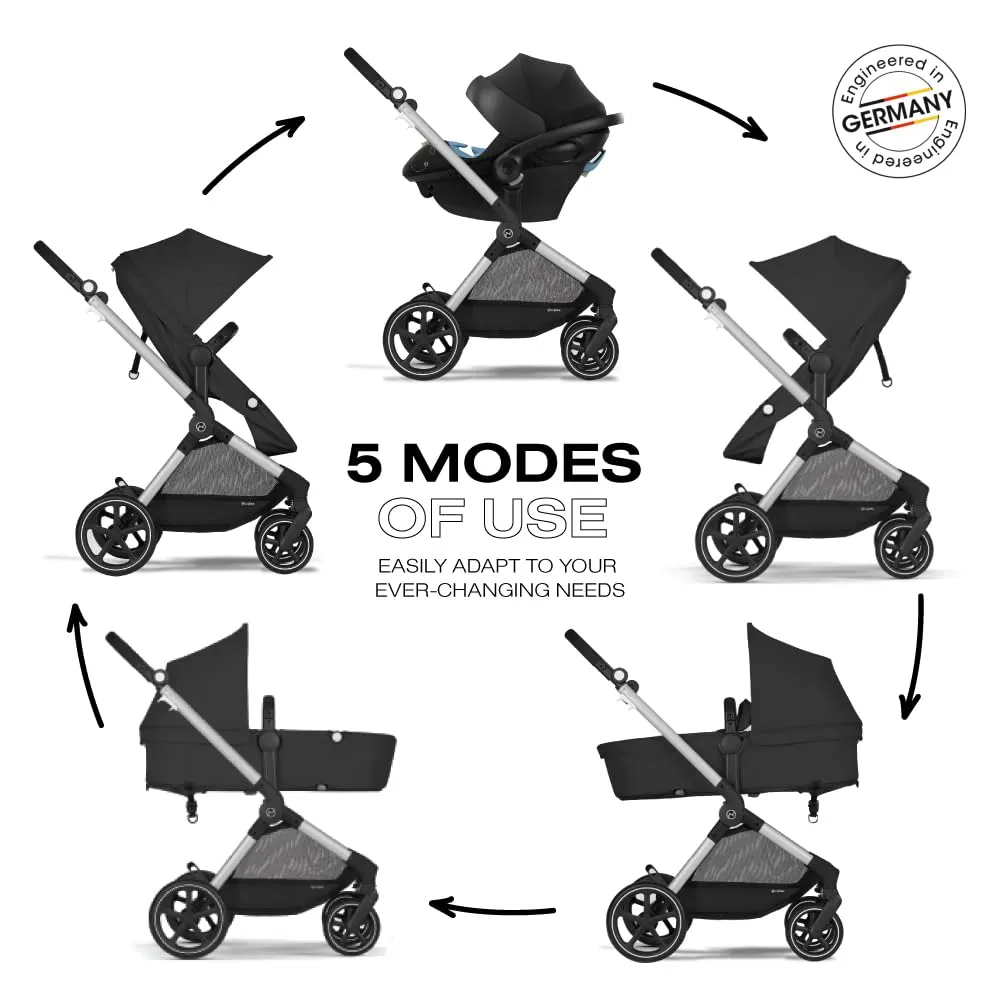 Cybex EOS 5-in-1 Travel System Stroller   Lightweight Aton G Infant Car Seat, Moon Black, Silver Frame