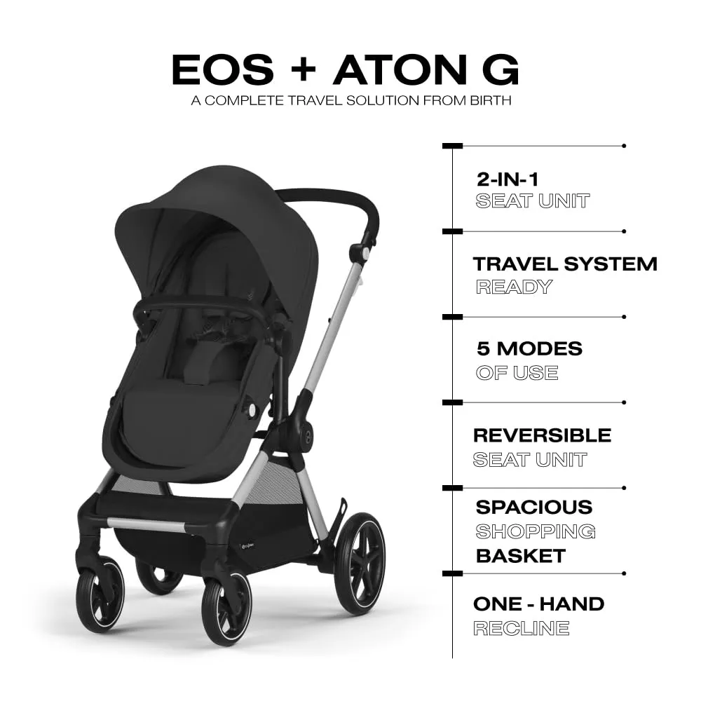 Cybex EOS 5-in-1 Travel System Stroller   Lightweight Aton G Infant Car Seat, Moon Black, Silver Frame