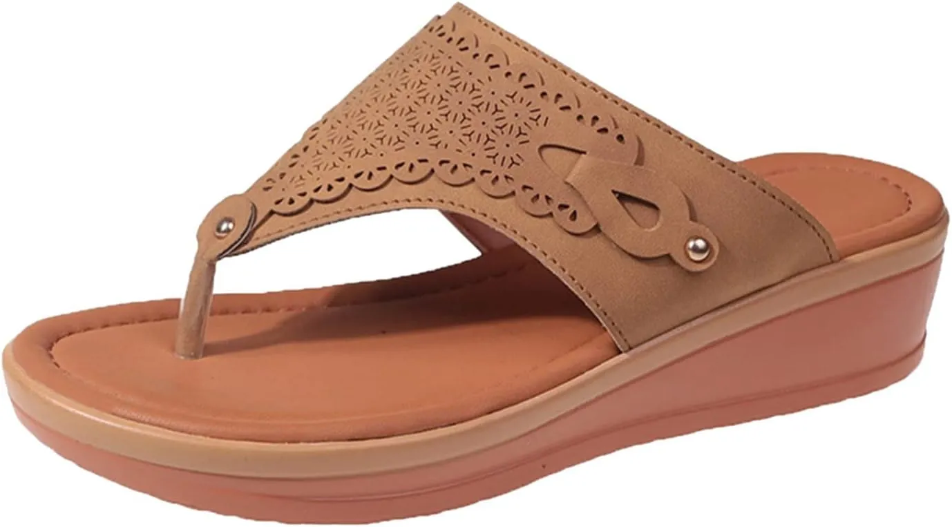 Dheva-C Orthopedic Sandals for Women, Women Walking Slippers with Arch Support Anti-Slip Breathable Bohemia Comfortable Sandal Slip On Flip Flops (Brown-c, 6.5)