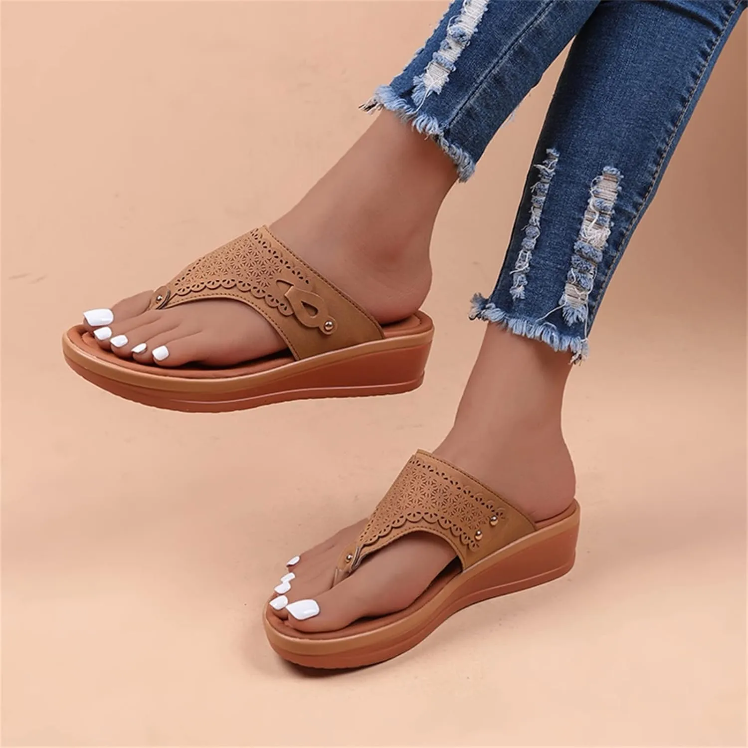 Dheva-C Orthopedic Sandals for Women, Women Walking Slippers with Arch Support Anti-Slip Breathable Bohemia Comfortable Sandal Slip On Flip Flops (Brown-c, 6.5)