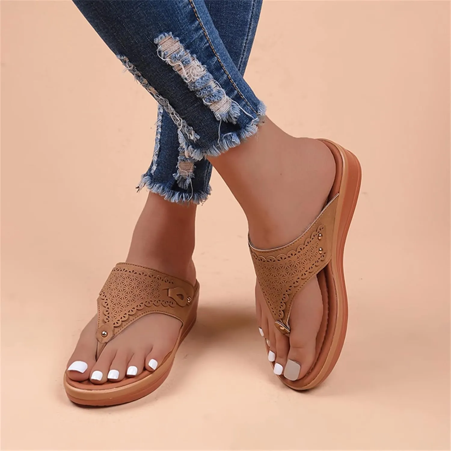 Dheva-C Orthopedic Sandals for Women, Women Walking Slippers with Arch Support Anti-Slip Breathable Bohemia Comfortable Sandal Slip On Flip Flops (Brown-c, 6.5)