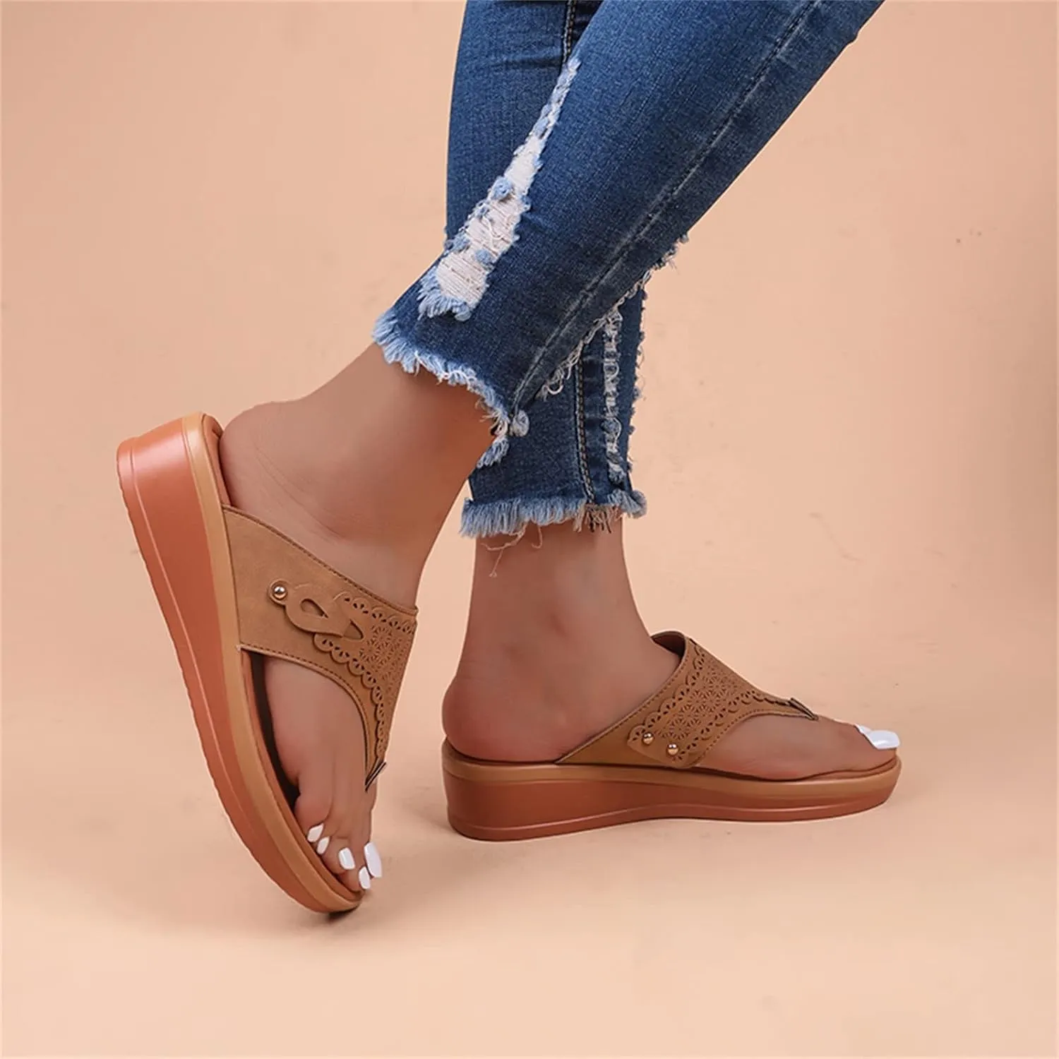 Dheva-C Orthopedic Sandals for Women, Women Walking Slippers with Arch Support Anti-Slip Breathable Bohemia Comfortable Sandal Slip On Flip Flops (Brown-c, 6.5)