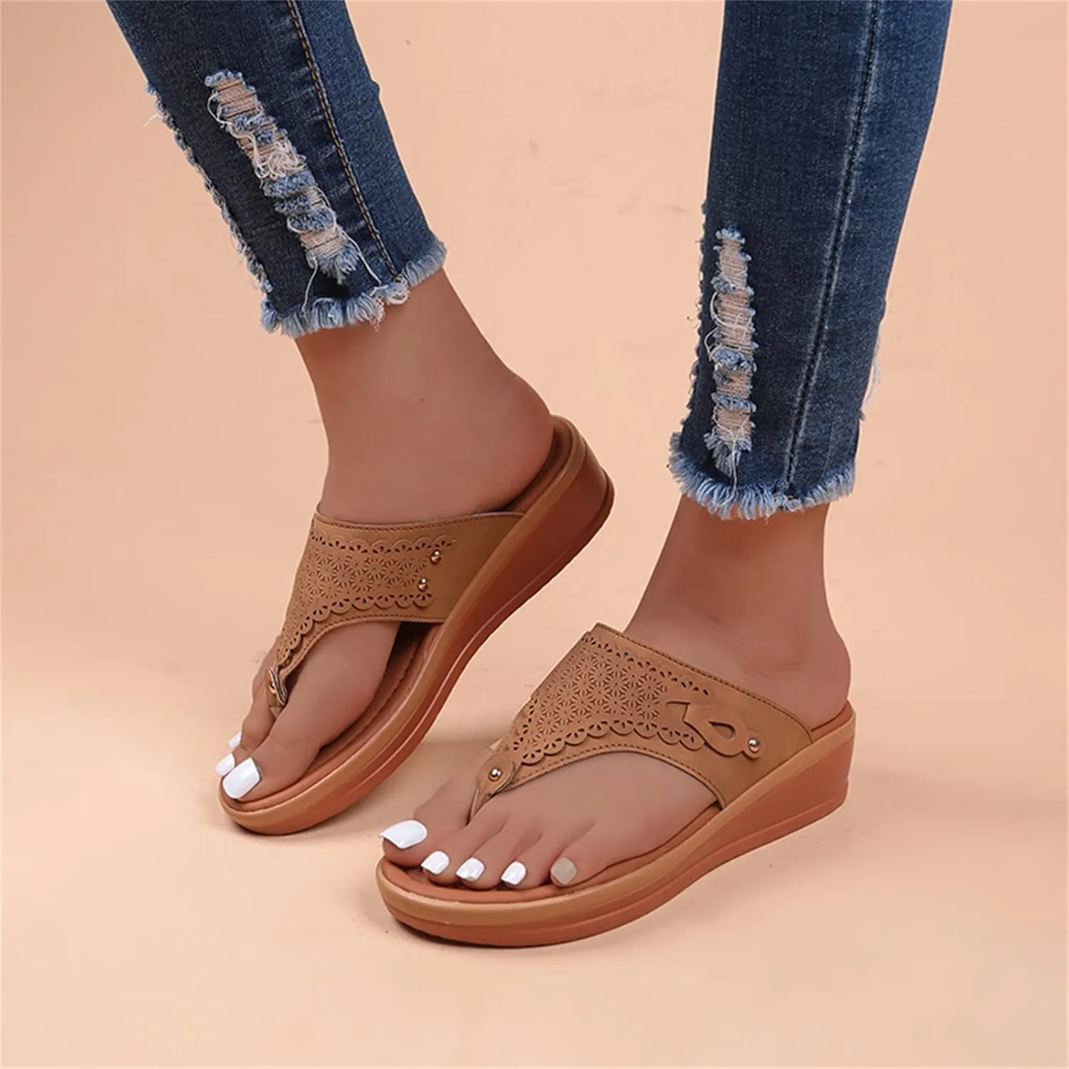 Dheva-C Orthopedic Sandals for Women, Women Walking Slippers with Arch Support Anti-Slip Breathable Bohemia Comfortable Sandal Slip On Flip Flops (Brown-c, 6.5)
