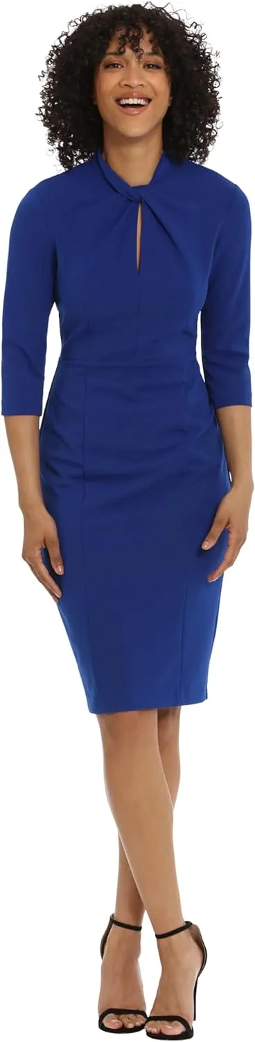 Donna Morgan Women's Stretch Crepe 3/4 Sleeve Twisted Neckline Sheath Dress
